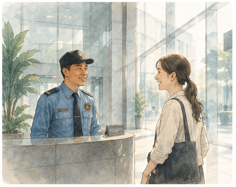 警備員と会話し、少し笑顔になっている情景
